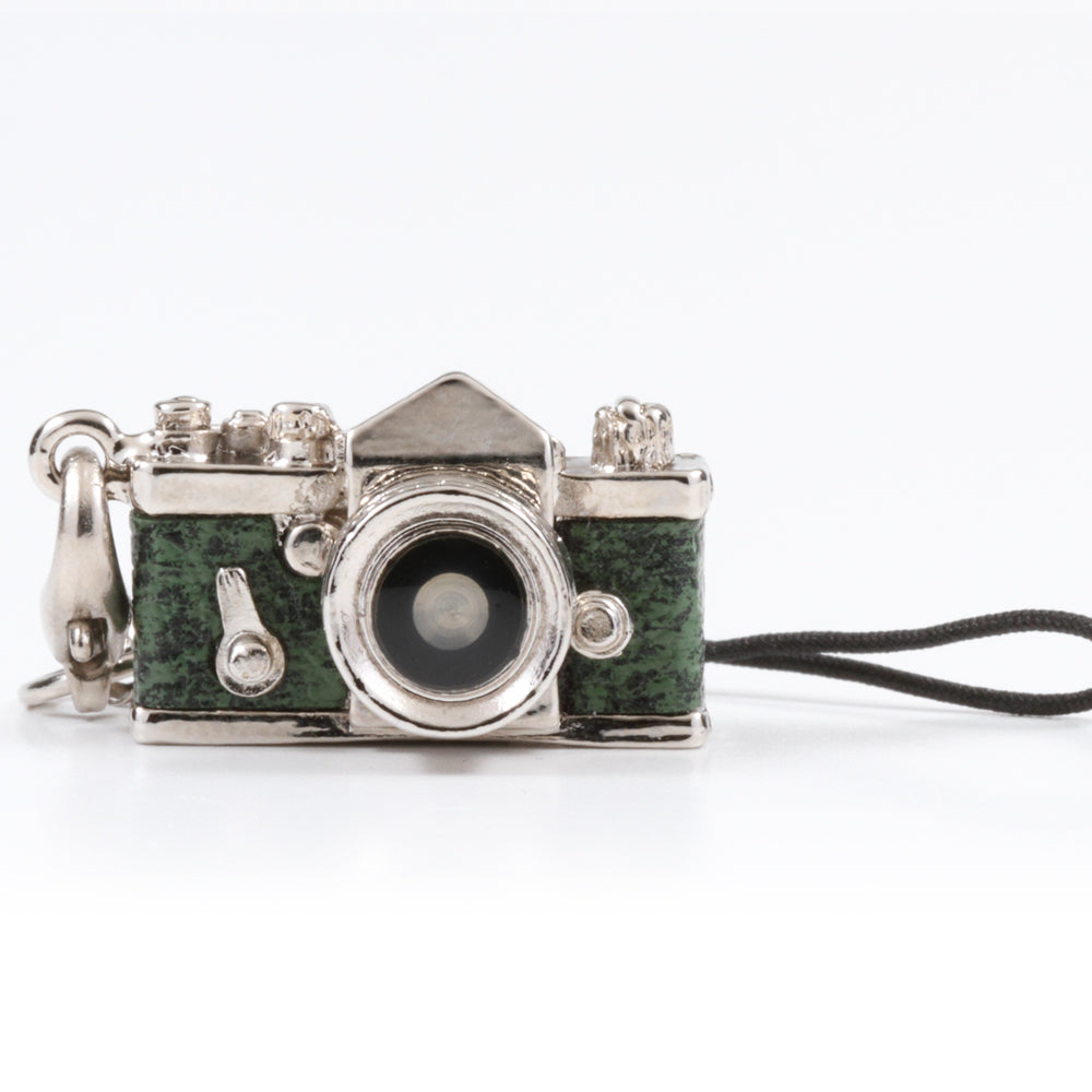 Miniature camera charm SLR type Green leather Made in Japan
